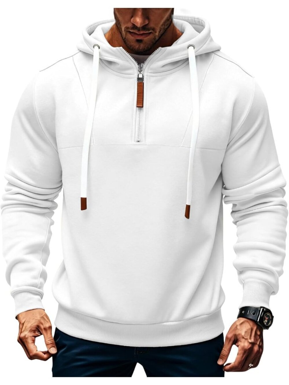 Men's Pure White Quarter ZIP Long Sleeve Pullover Polyester Sweatshirt Hoodies